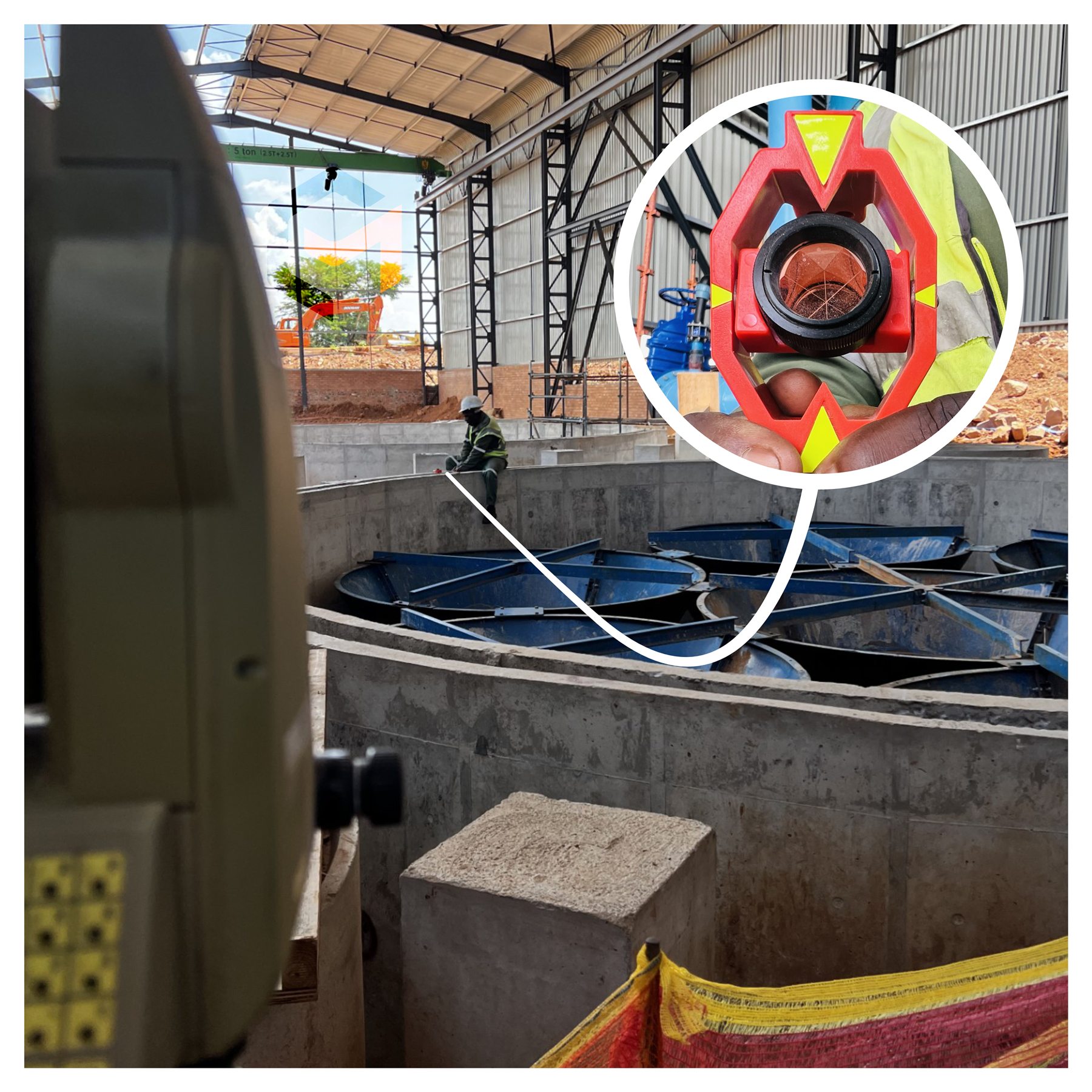 Surveyor verifying completed industrial concrete works